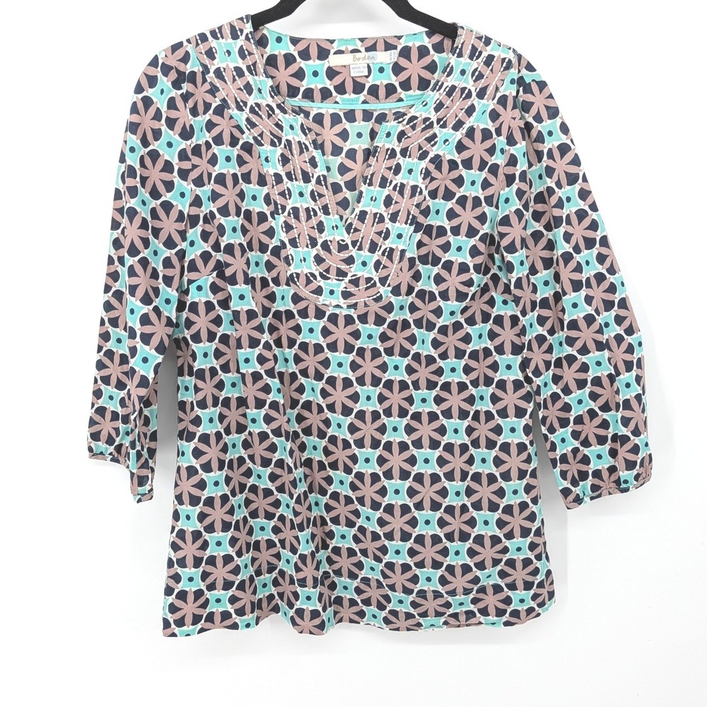 Boden Blouse Womens 6 Blue Geometric Floral Embroidered‎ Cotton V-Neck Tunic